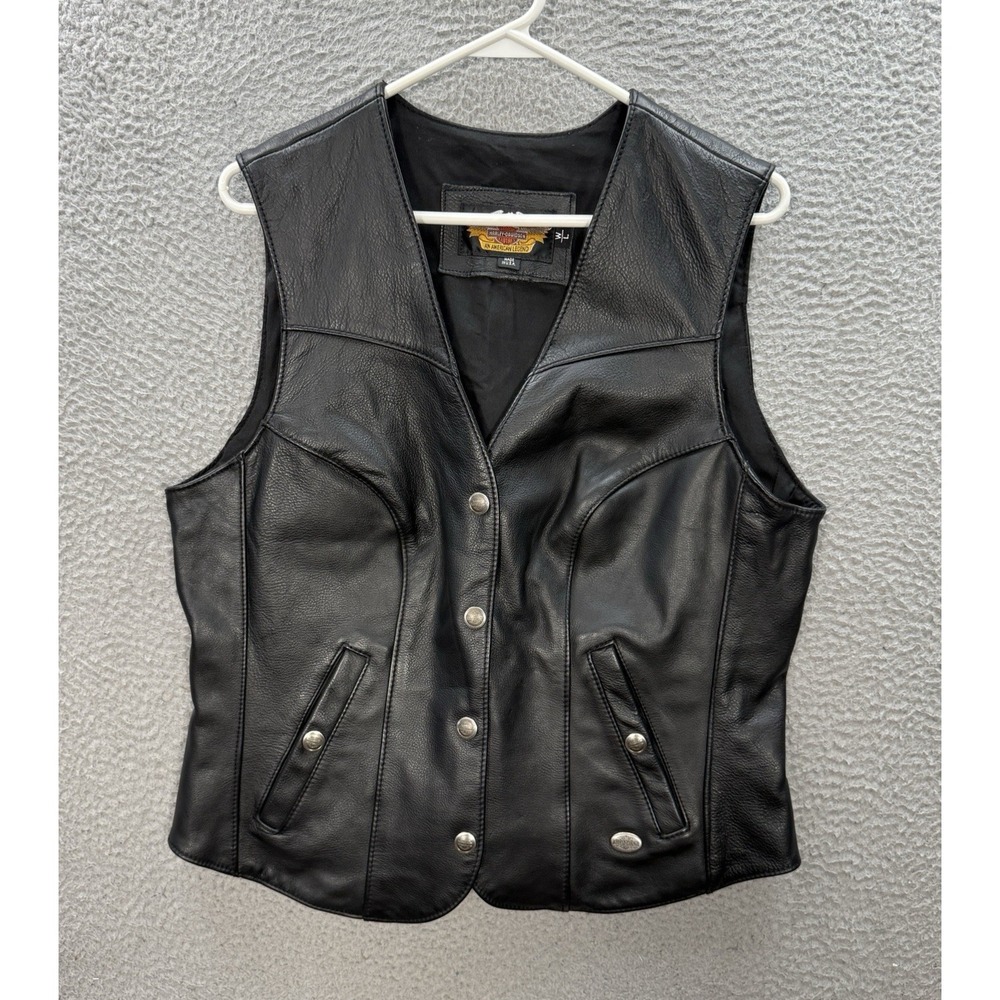 Vintage Harley Davidson Vest Womens Large Black Leather Motorcycle Biker 90s